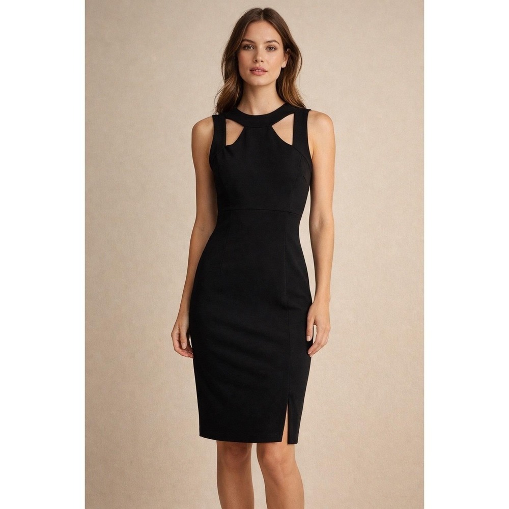 Cache Black Cutout Neckline Sheath Cocktail Dress Size 2 LBD Sleeveless Slit